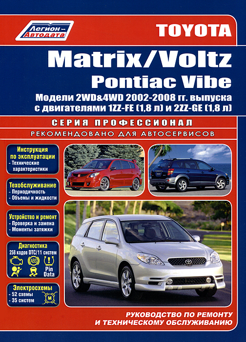 Toyota Matrix / Voltz / Pontiac Vibe. Модели 2WD4WD 2002-2008 гг. выпуска с двигателями 1ZZ-FE (1,8 л) и 2ZZ-GE (1,8 л). Руководство по ремонту и техническому обслуживанию случается эмоционально удовлетворяя